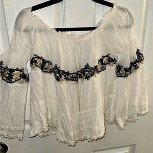 Free People Off-White Blouse with Navy and Gold Embroidery